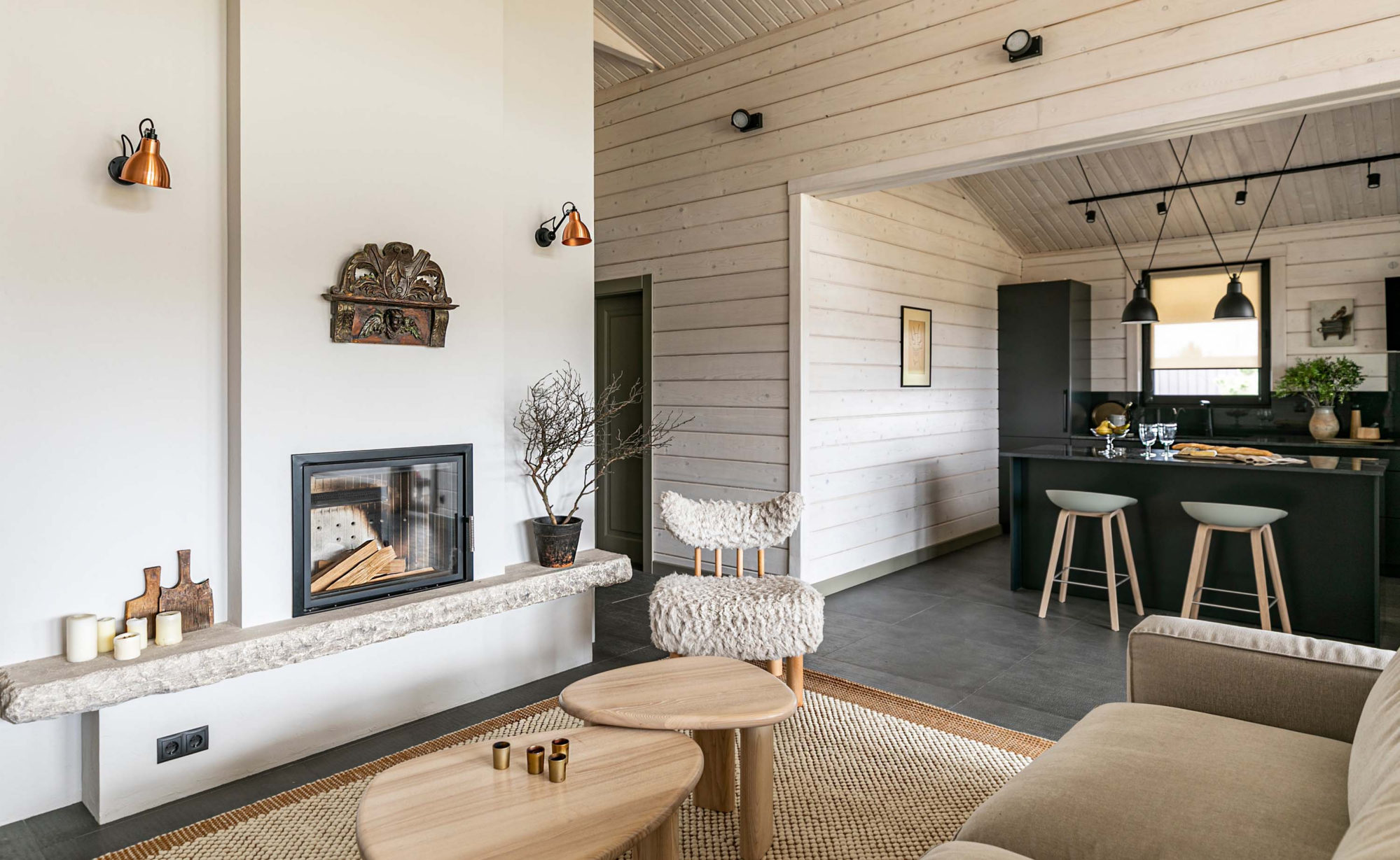salon avec cheminée maison en bois