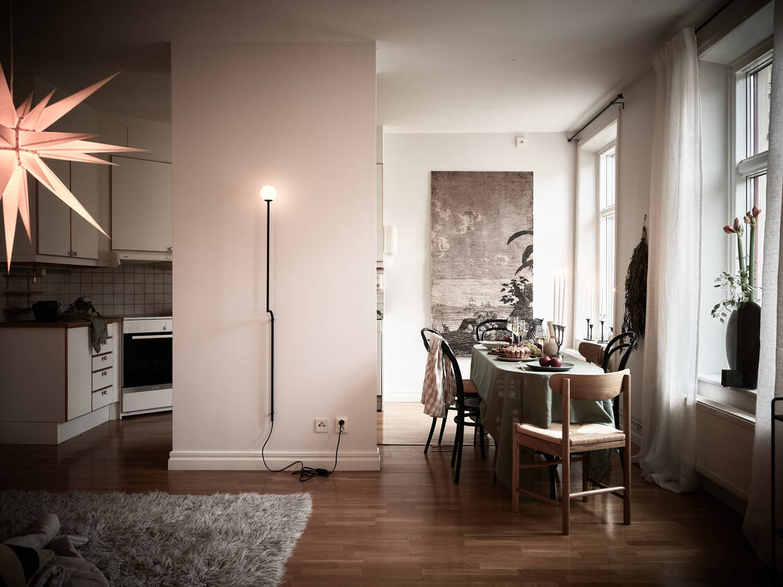 salle à manger et cuisine ouverte appartement ancien Suède