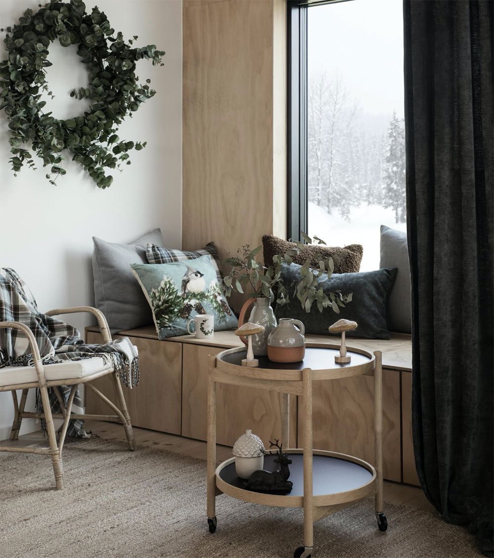 salon maison en bois avec décoration de Noël