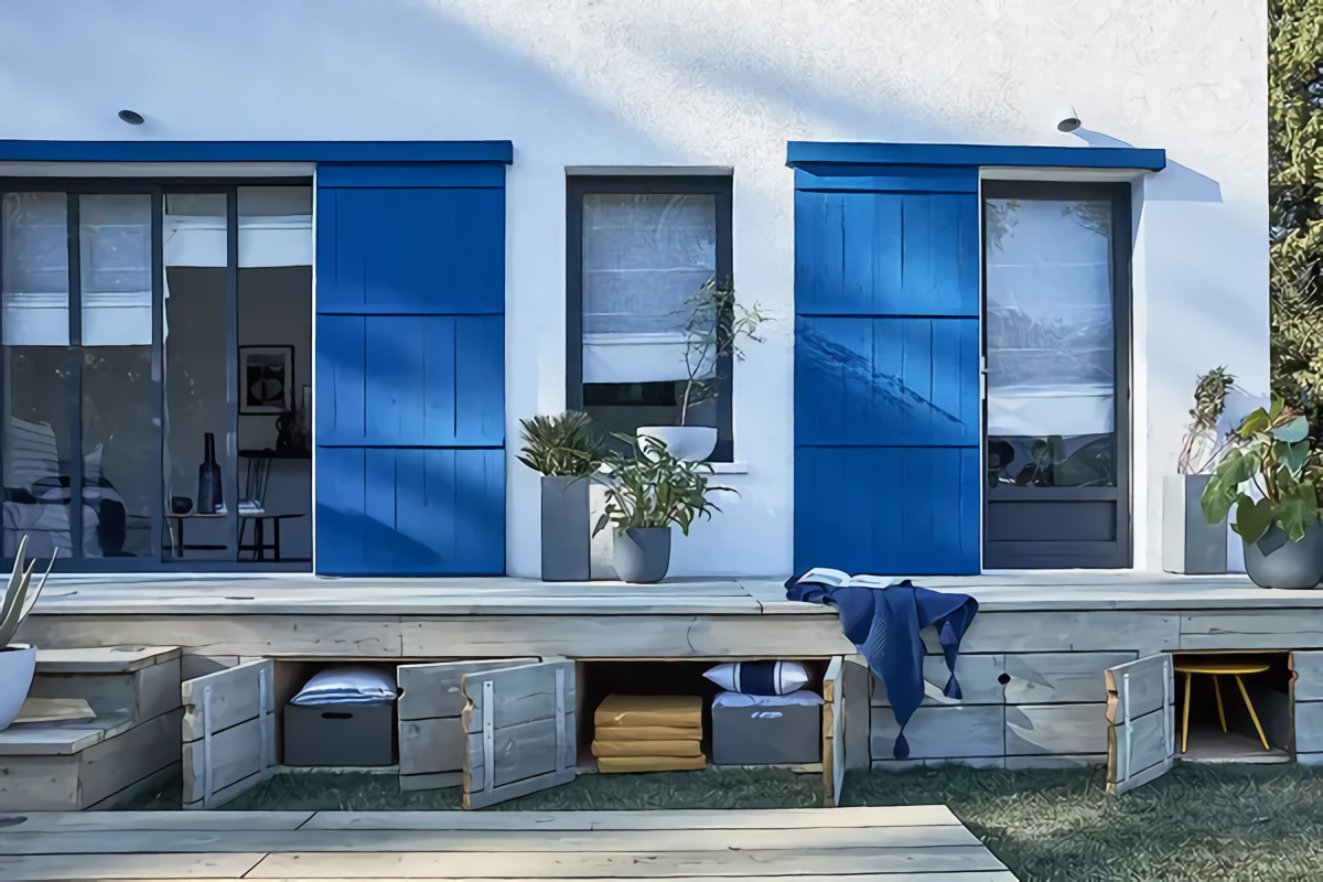 terrasse aménagée avec rangements décoration bleue