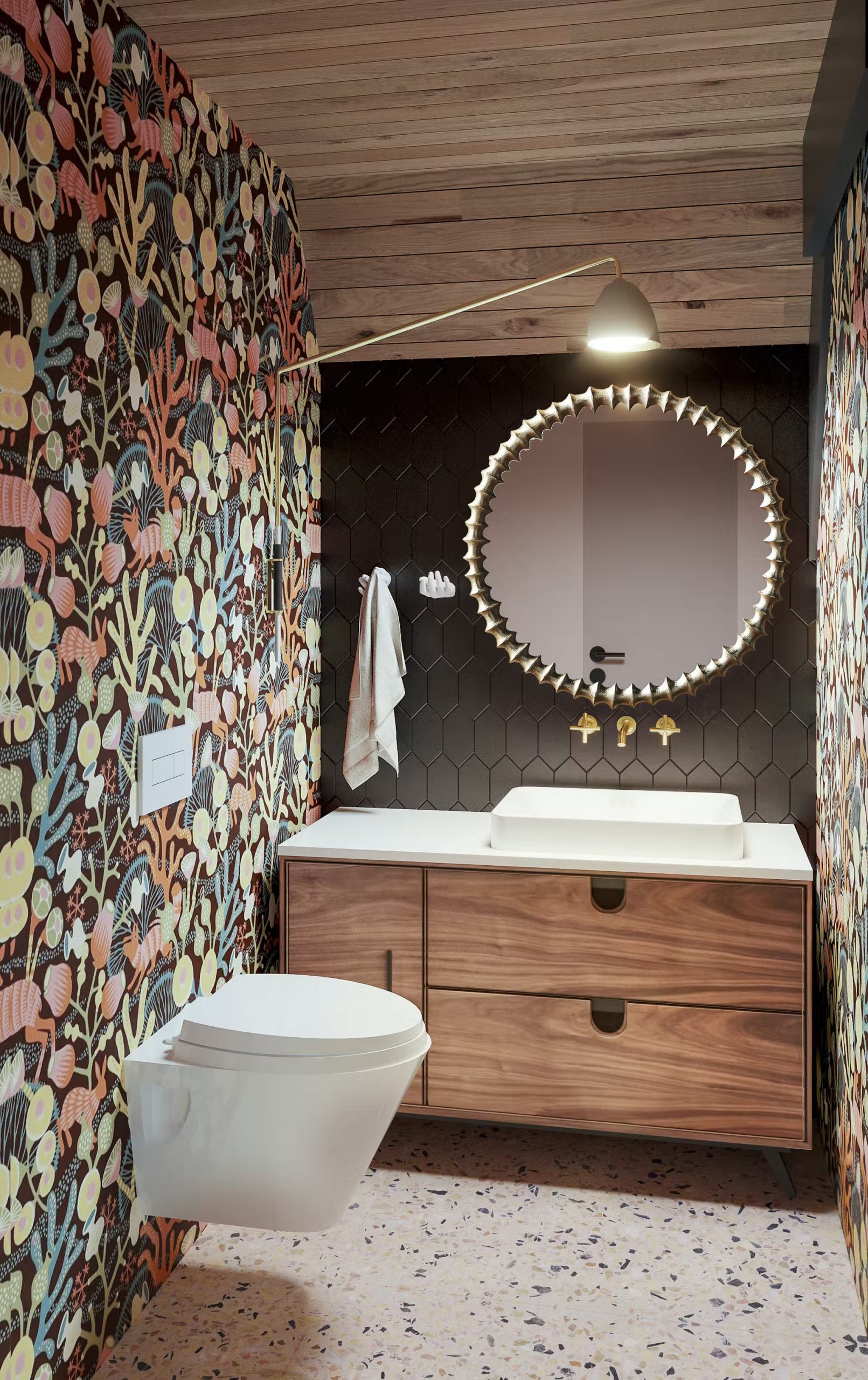 salle de bain avec papier-peint