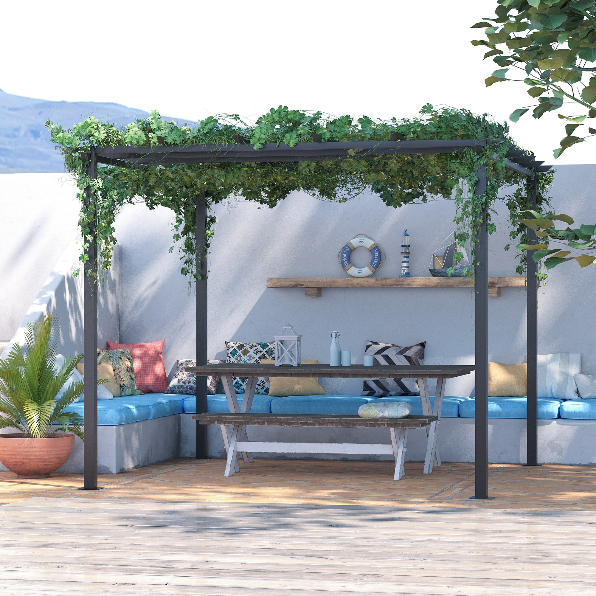 terrasse avec banc maçonné décoration colorée