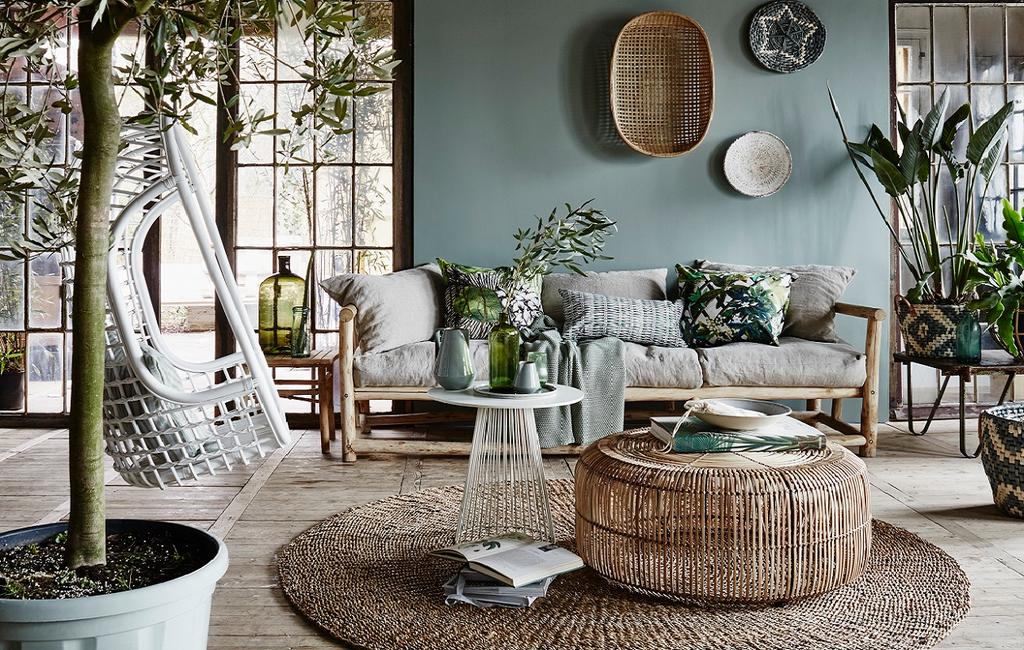 salon décoration bleue avec plantes vertes