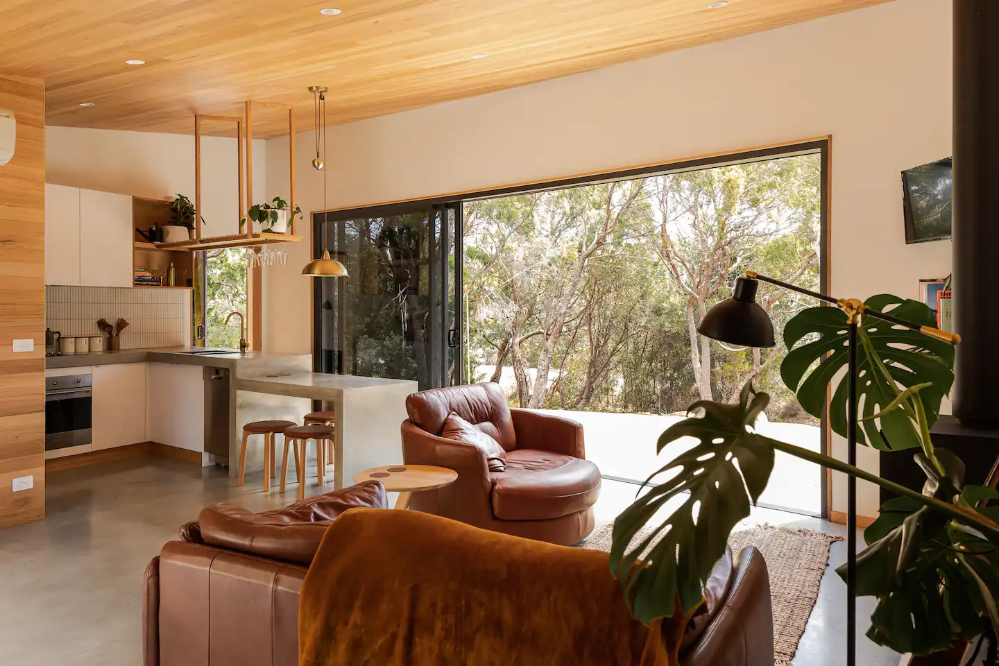 salon avec cuisine ouverte maison en bois contemporaine 