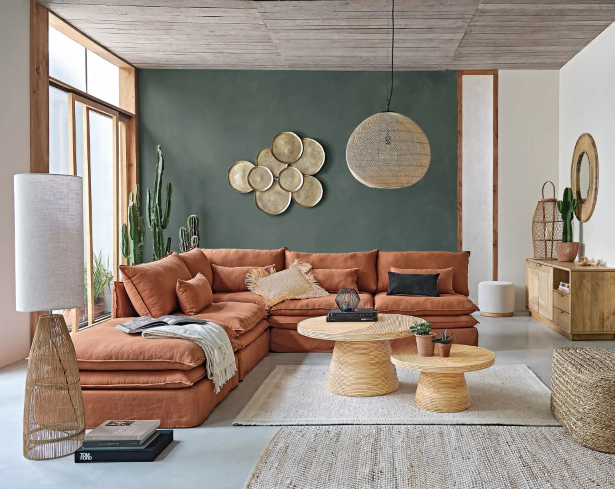 green wall living room Maisons du Monde catalog 2023
