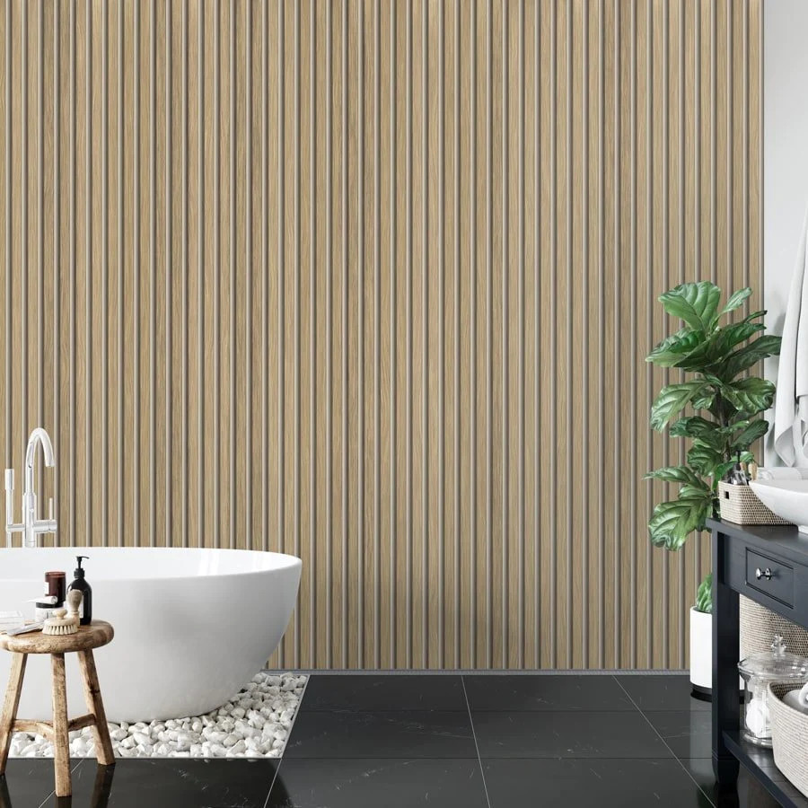 salle de bain design papier-peint trompe l'oeil décoration tasseau de bois