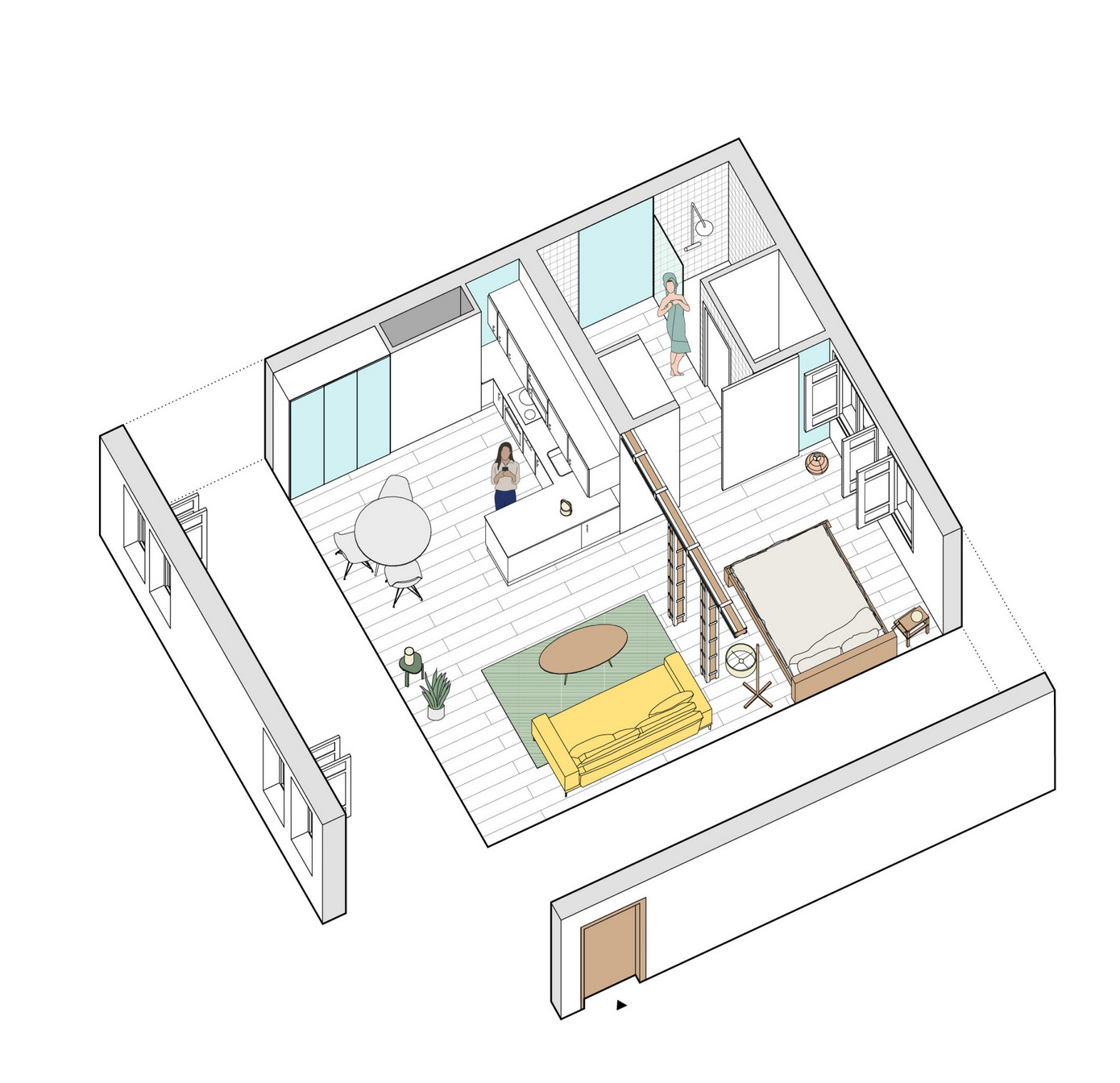 plan 3D mini loft 45m2 décoration design