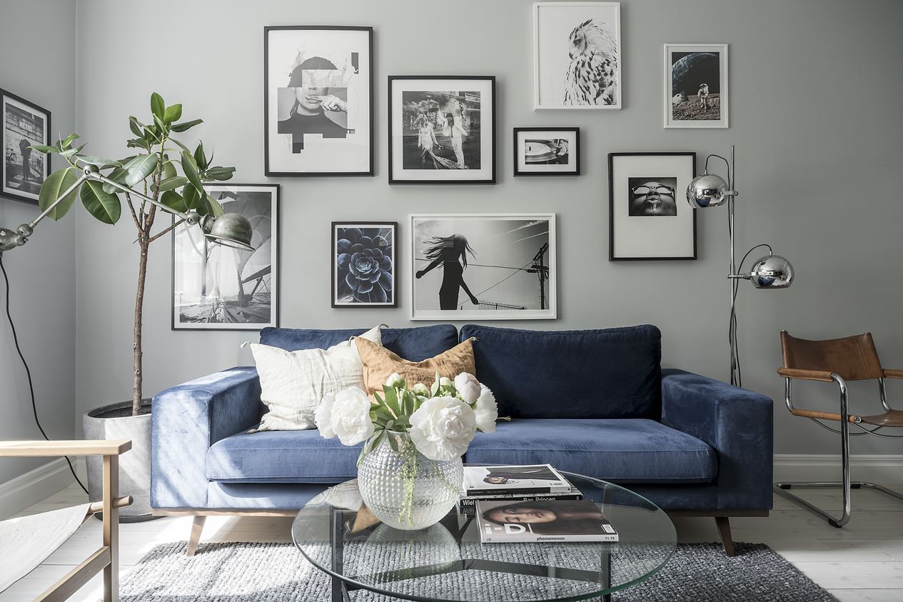 salon canapé bleu mur d'images
