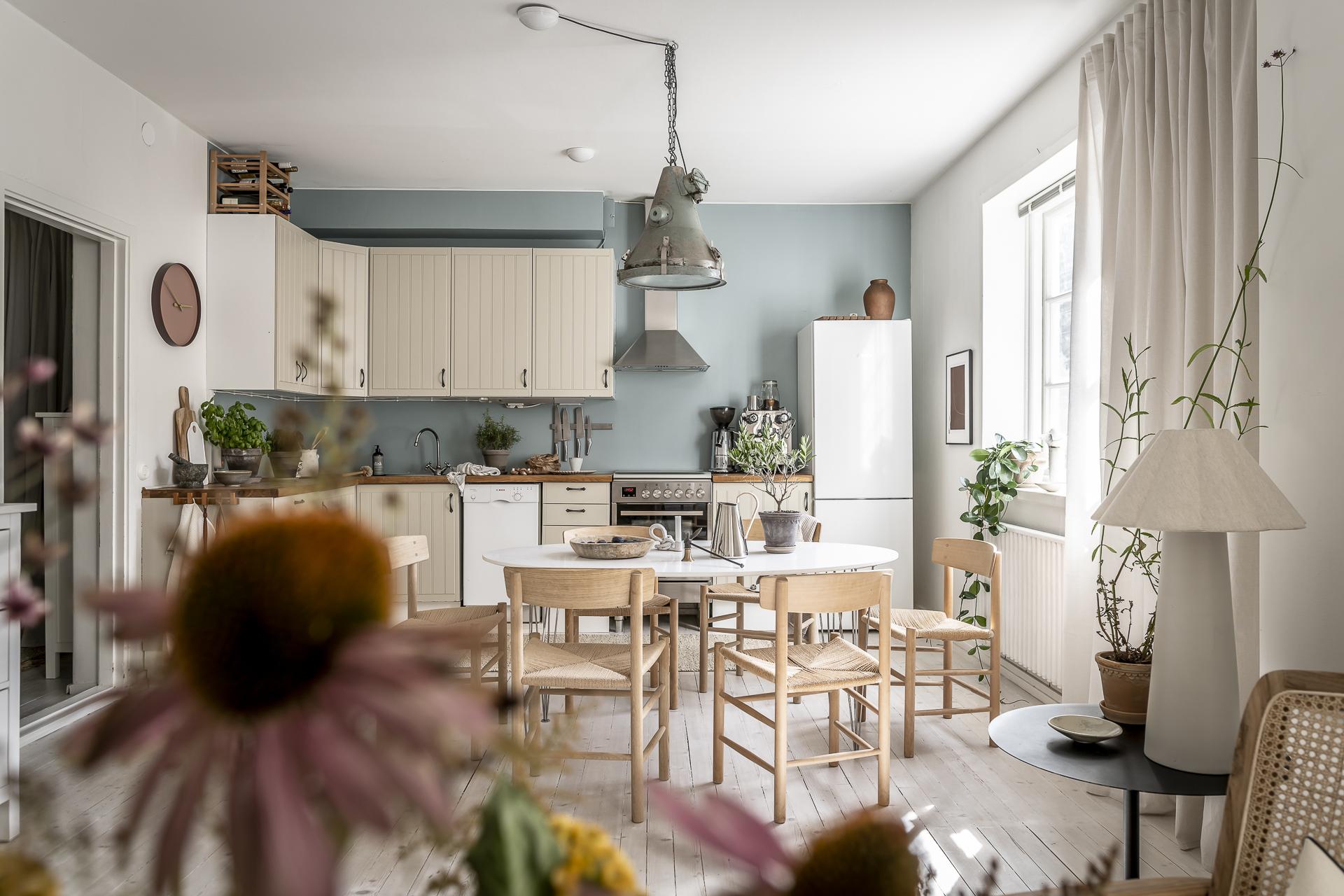 cuisine ouverte mur bleu décoration scandinave