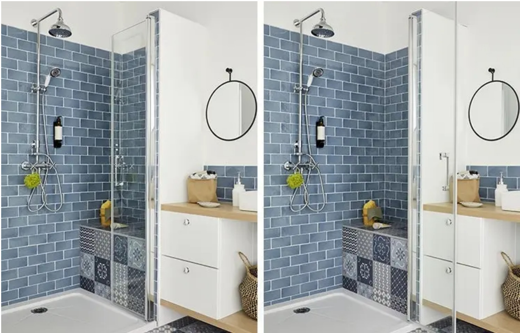 Une petite salle de bain de 3,5m2 parfaitement aménagée en bleu et bois