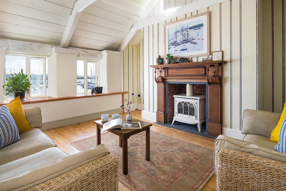 Living room with wood fireplace