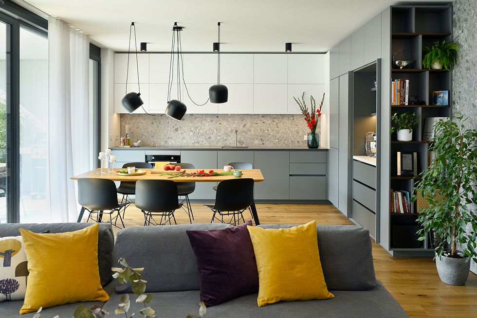 salon avec cuisine grise ouverte décoration design