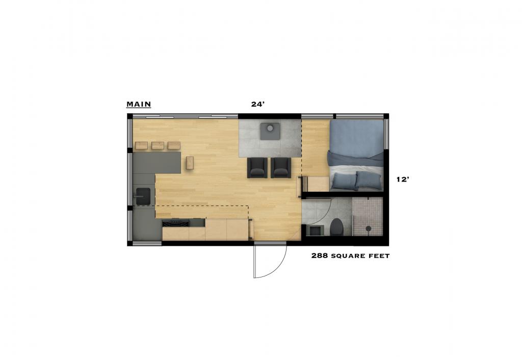 plan mini maison préfabriquée 40m2 acier et bois