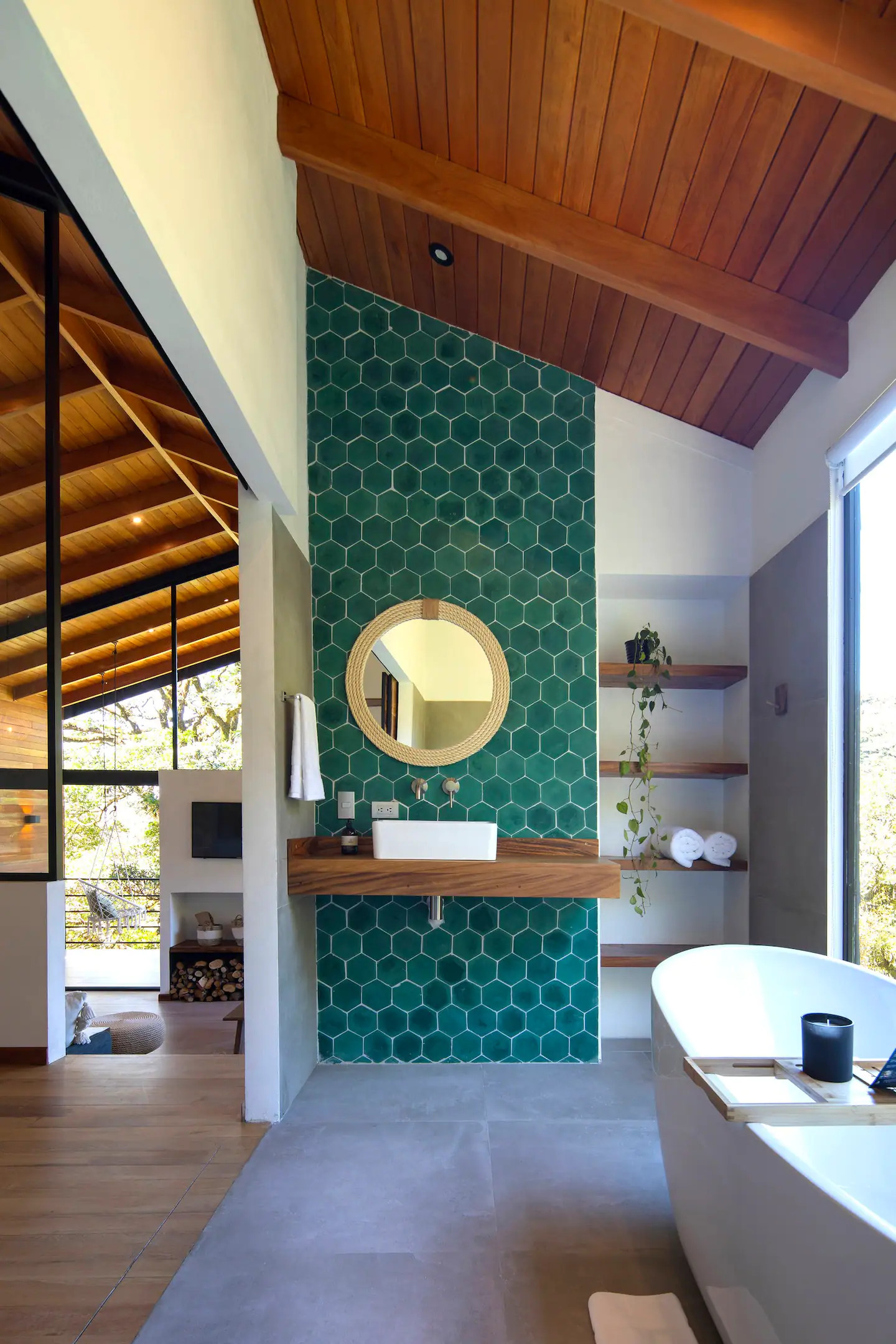 salle de bain verte maison contemporaine en bois de 90m2