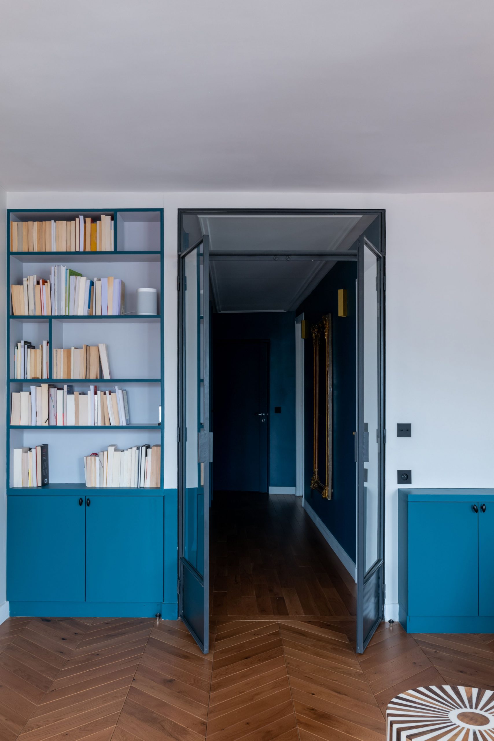 salon avec bibliothèque décoration bleue