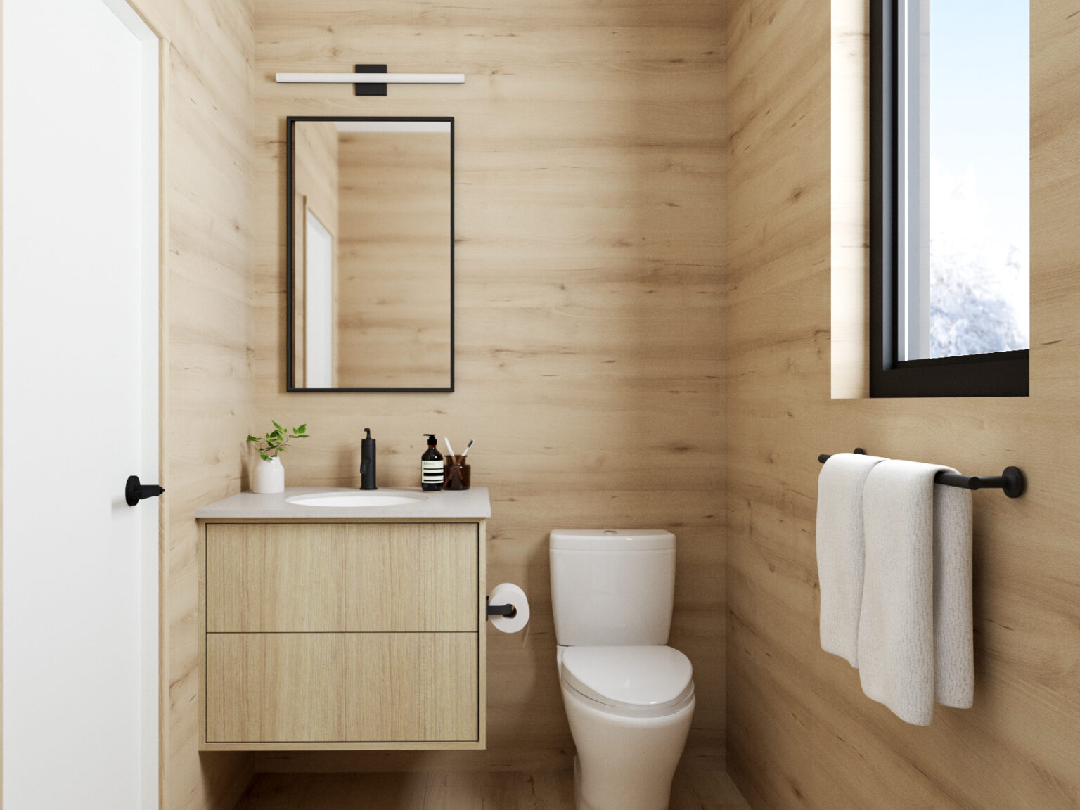 salle de bain design en bois clair