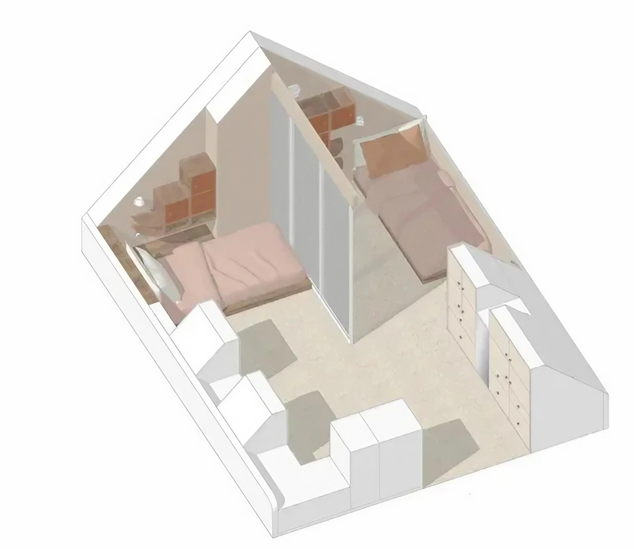 plan 3D chambre dans combles pour deux enfants
