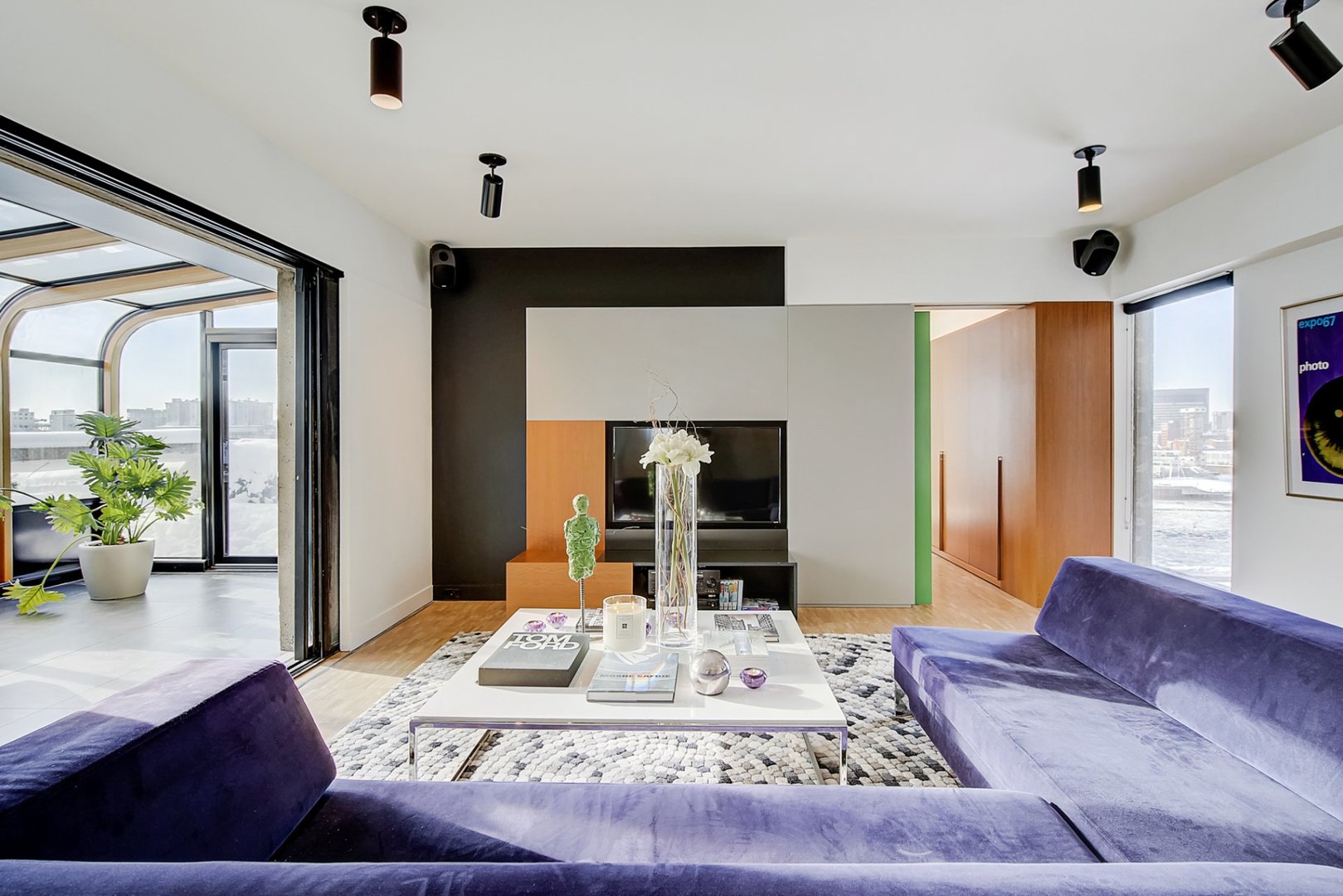 salon avec canapé violet décoration design