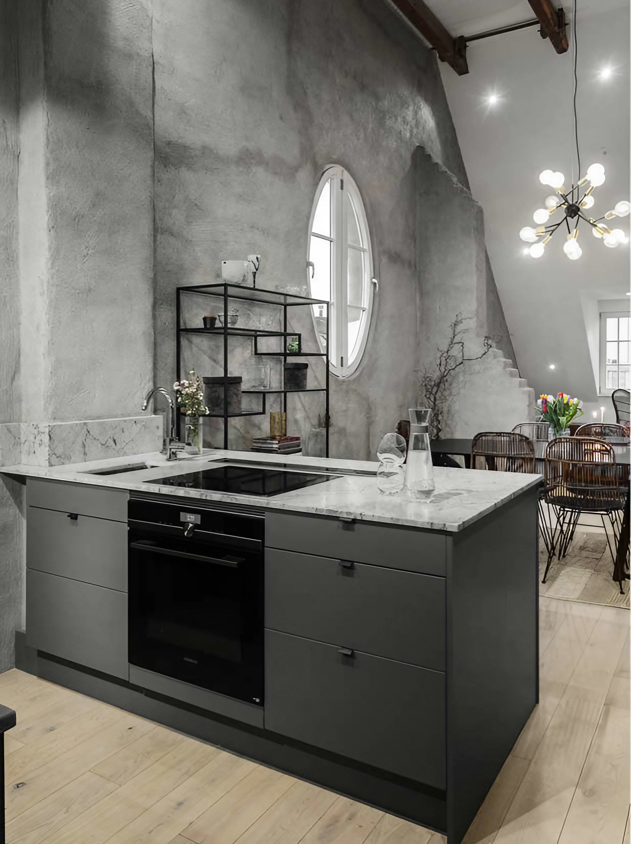 cuisine design noire et marbre décoration grise