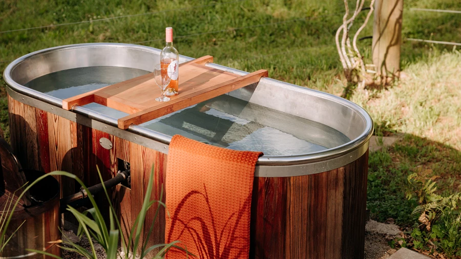 Outdoor wooden bathtub