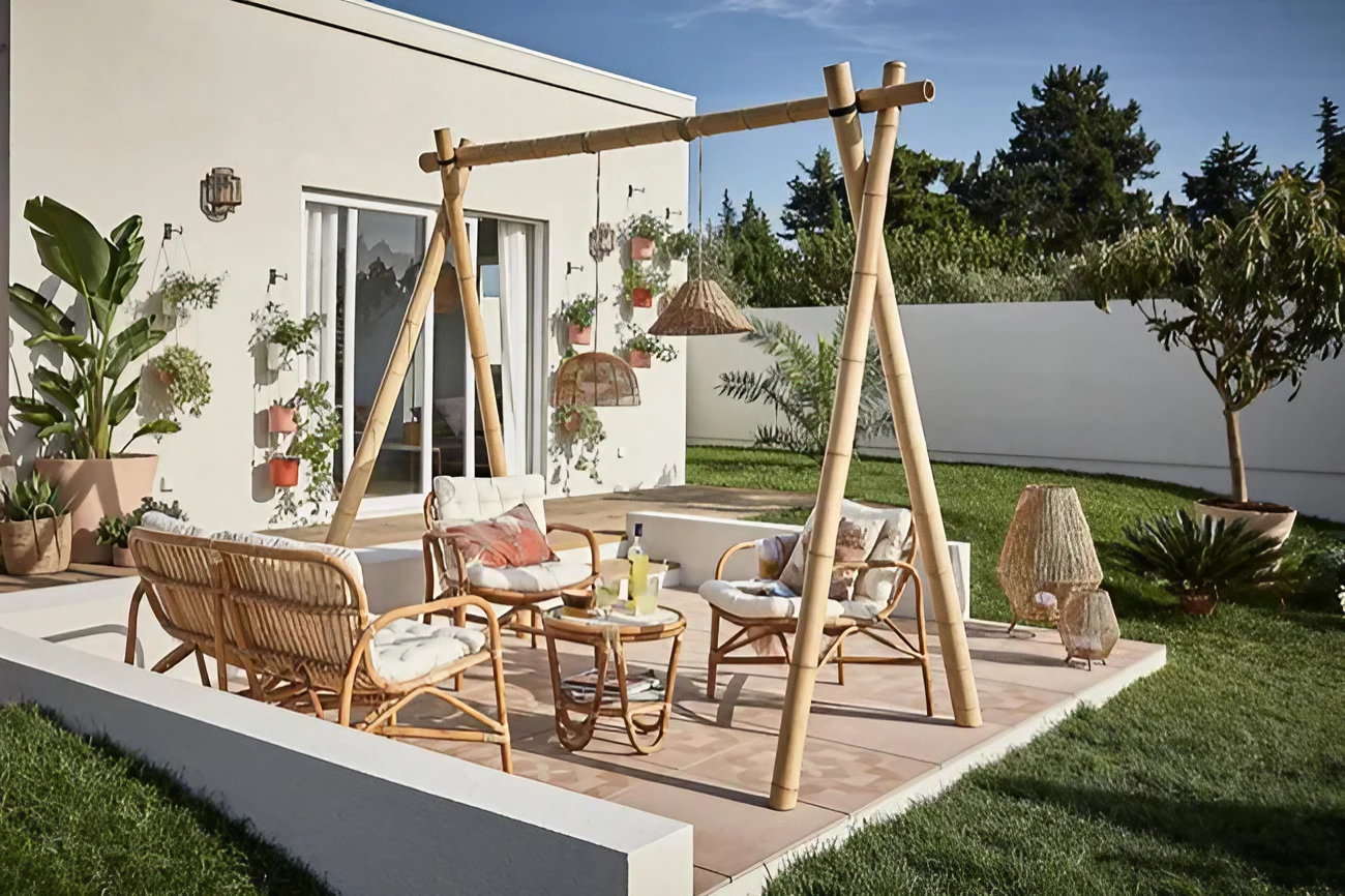 terrasse terre cuite avec salon bambou