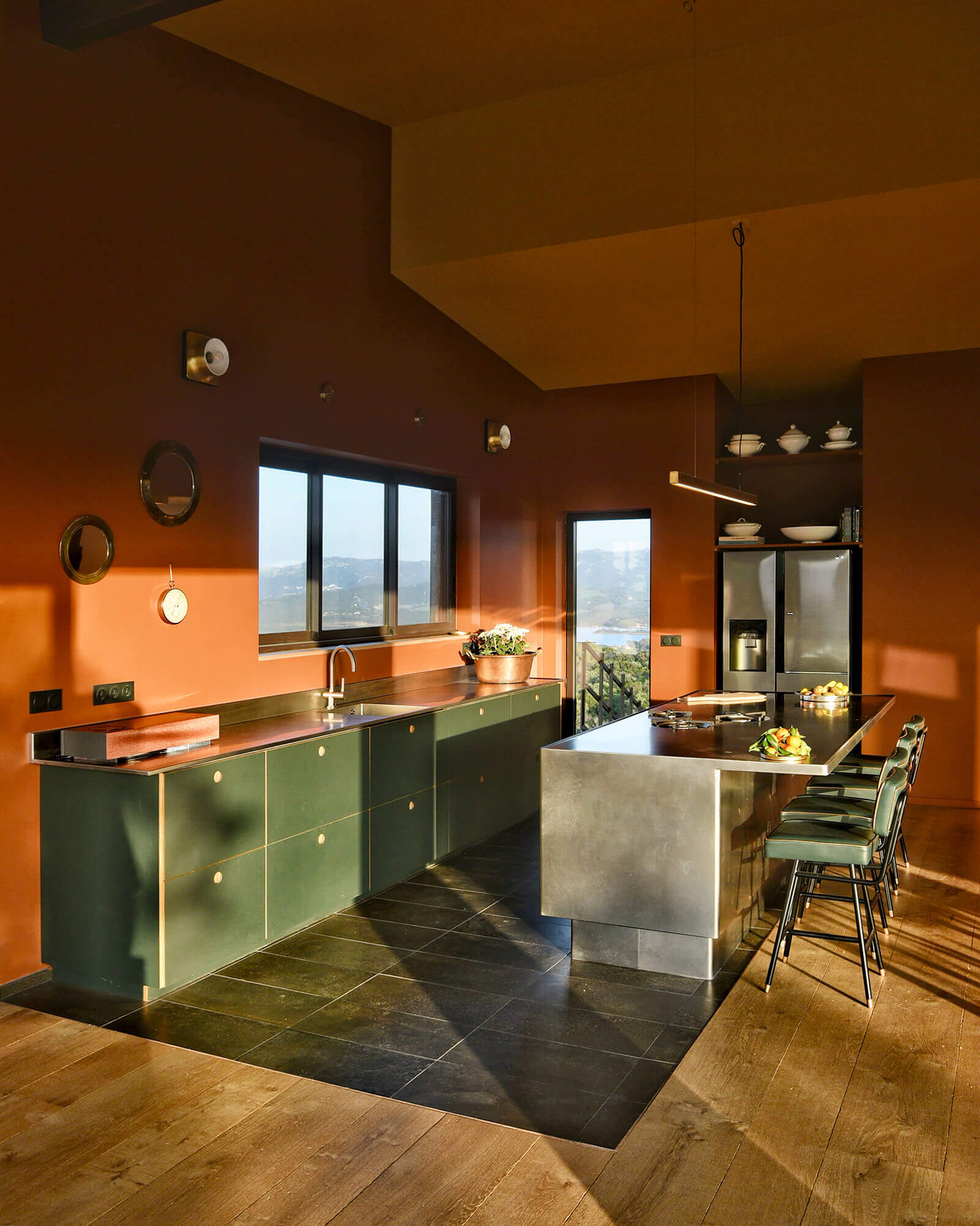 green kitchen terracotta walls