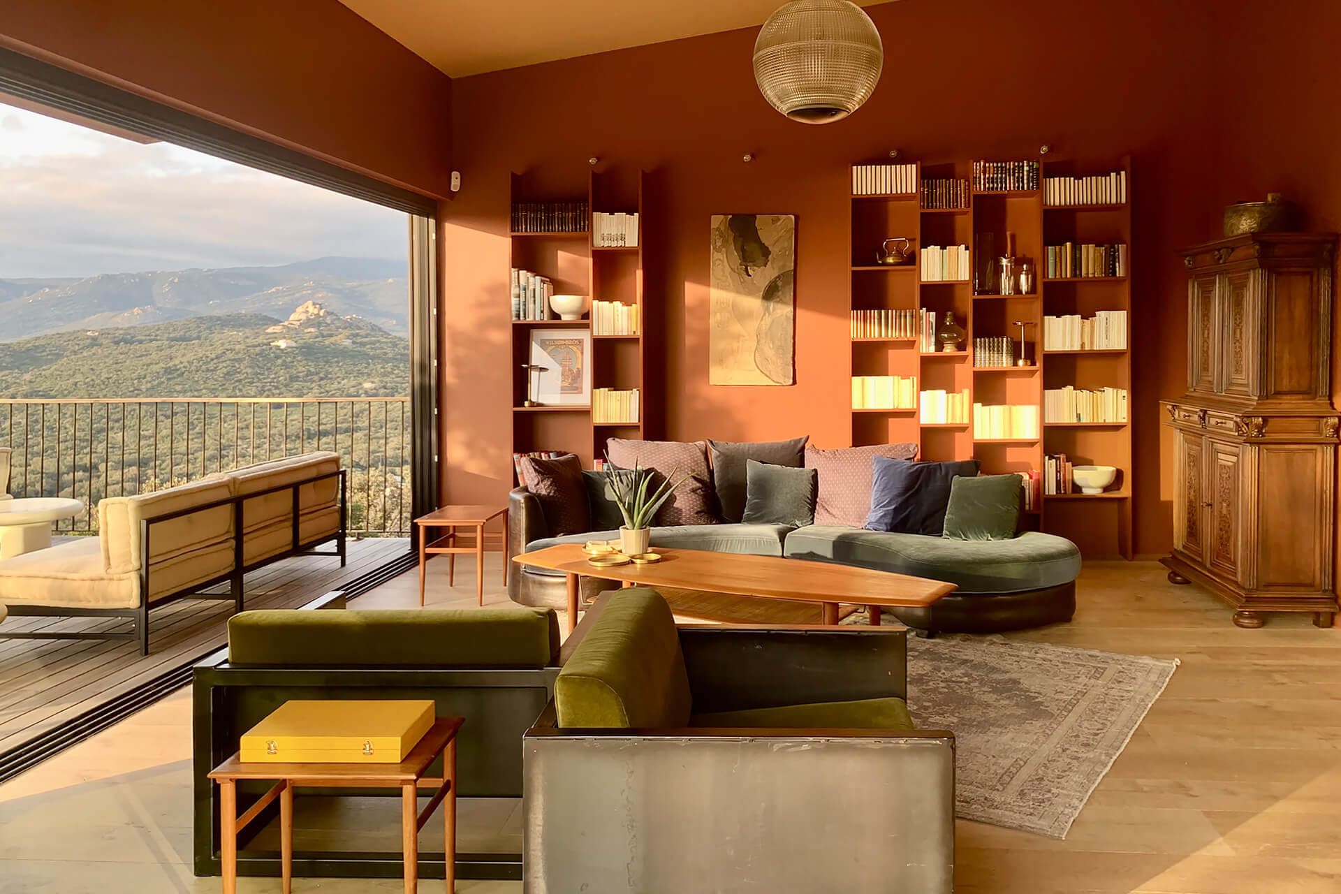 living room terracotta walls contemporary wooden house
