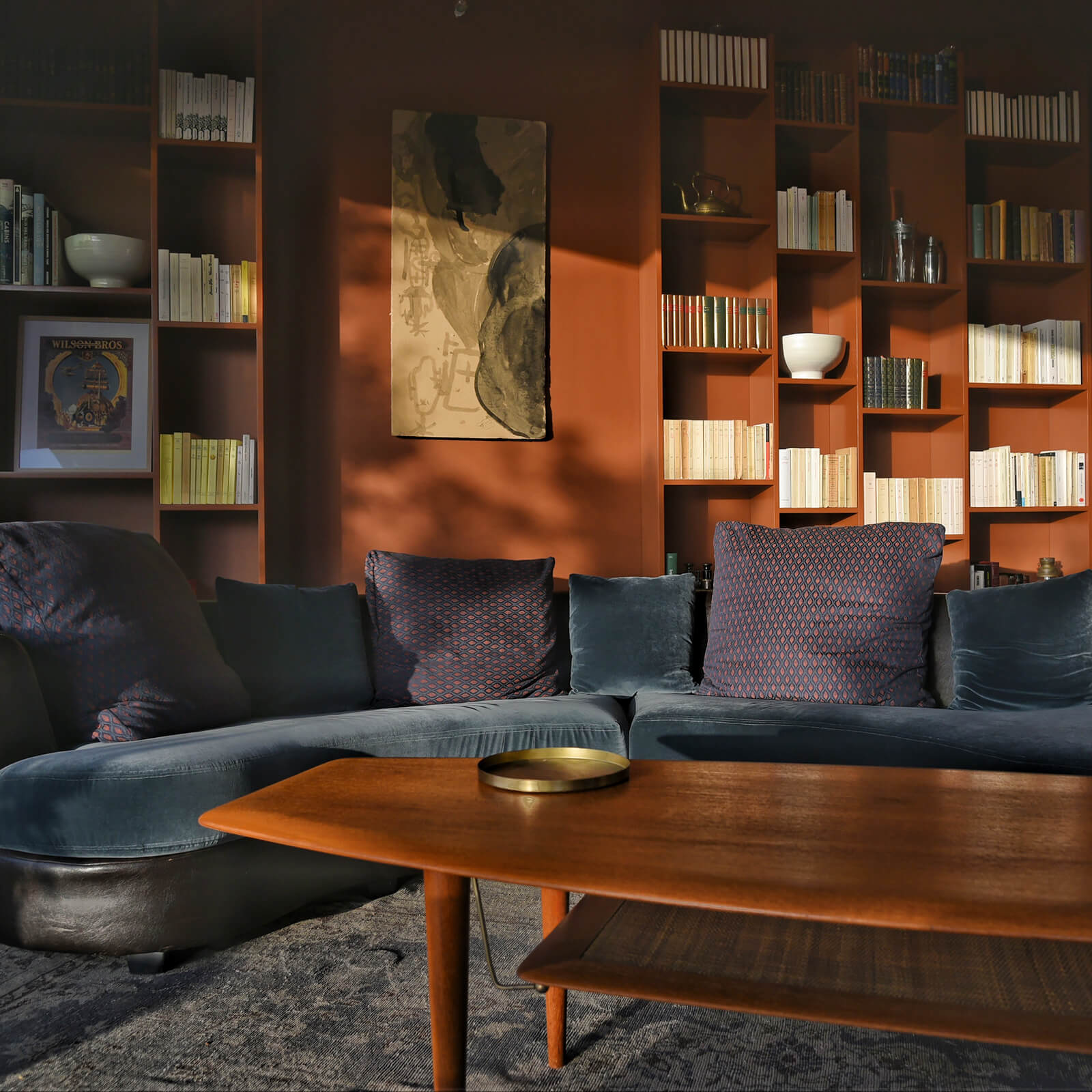 living room terracotta walls contemporary wooden house