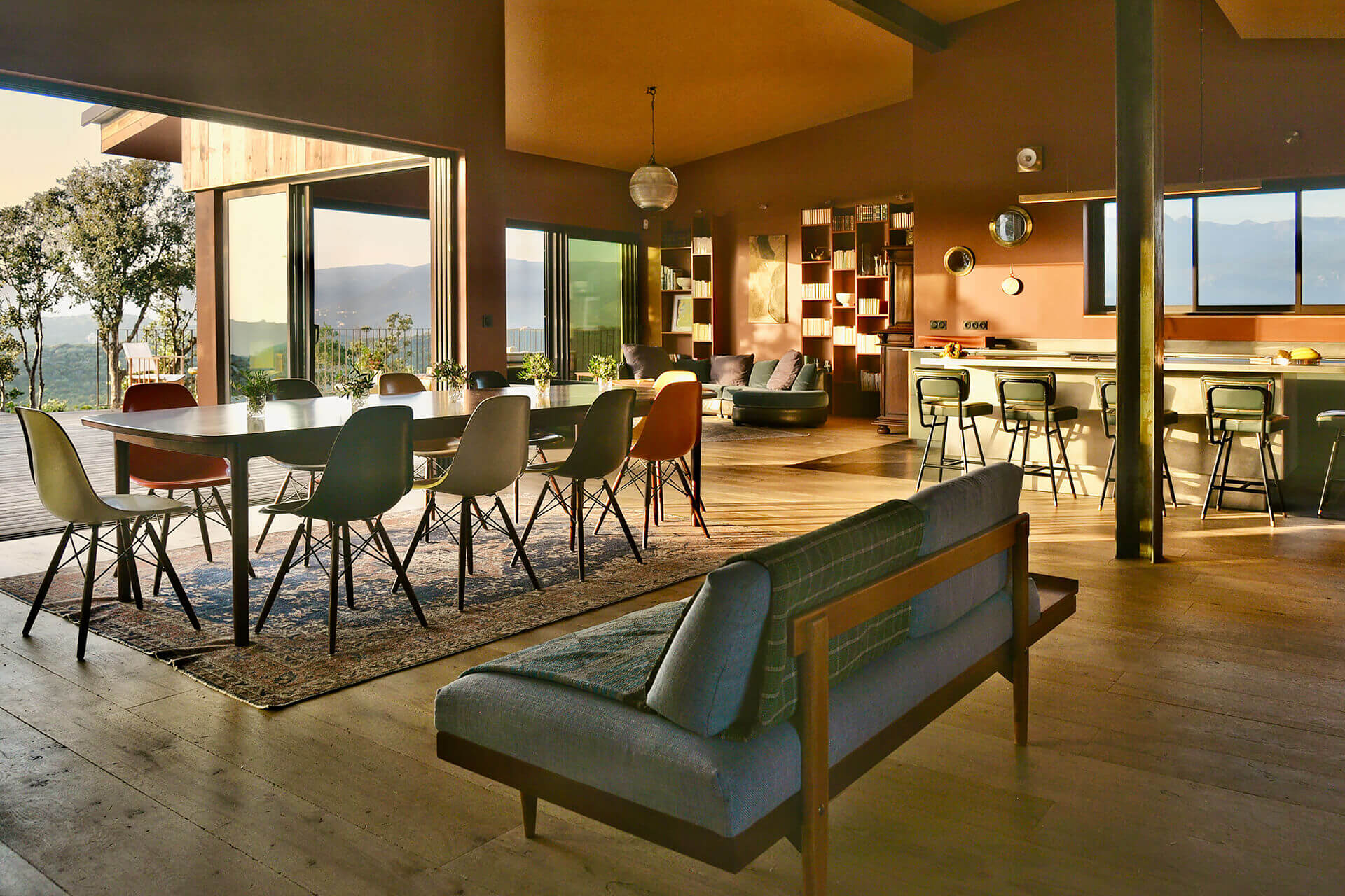living room with open kitchen contemporary wooden house