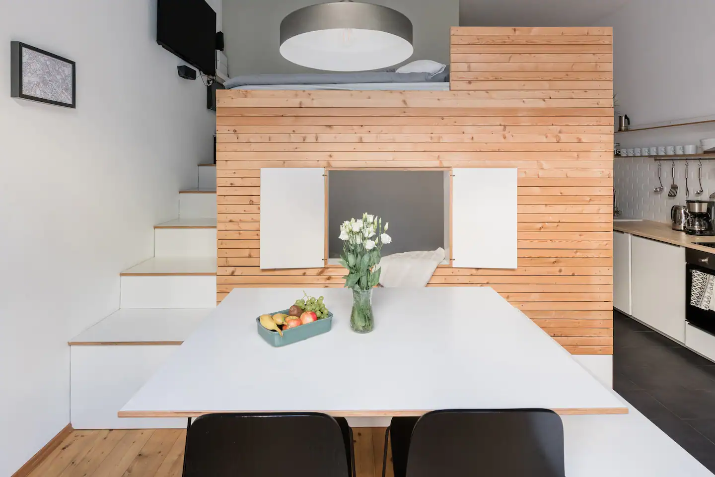 dining room with mezzanine apartment decoration 40m2